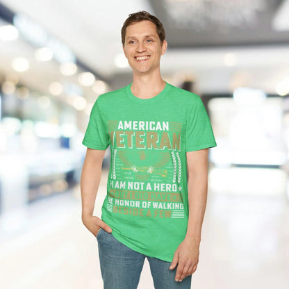 Close-up of the I AM NOT A HERO logo printed on the front chest of the heather charcoal unisex softstyle T-shirt with short