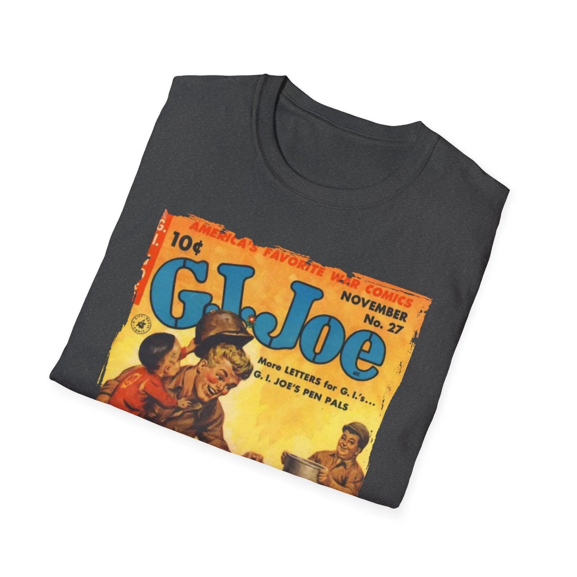 Close-up of the G.I. Joe No.27 softstyle T-shirt fabric displaying smooth beige cotton texture and reinforced neckline