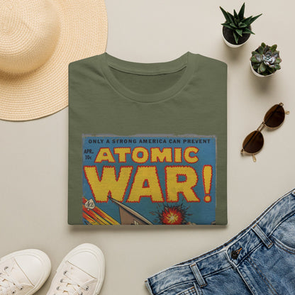 Close-up of colorful atomic explosion print on the chest area of the relaxed fit, heather gray cotton T-shirt from a