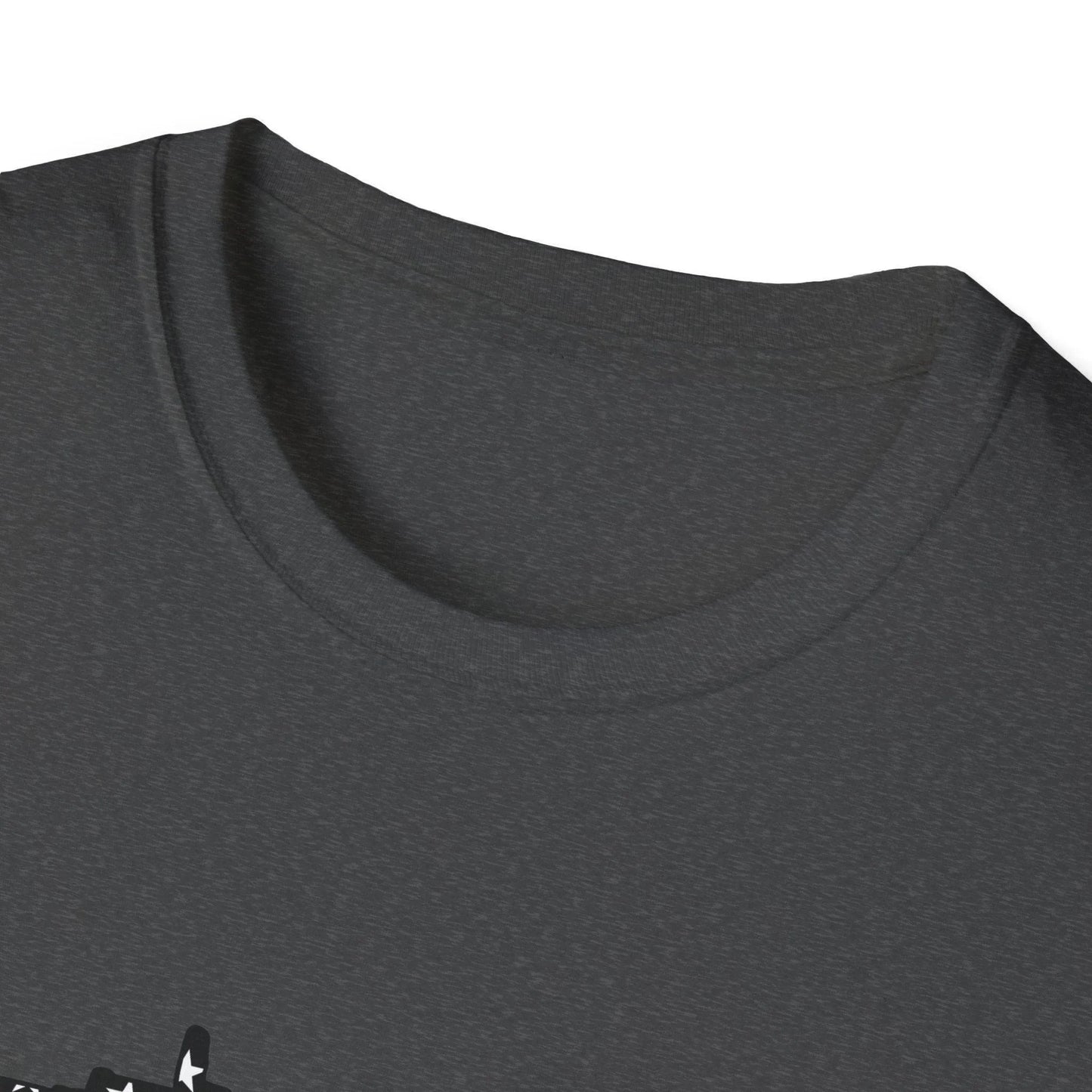 Close-up of the black-and-white American flag eagle graphic on the chest of the unisex softstyle T-shirt, highlighting