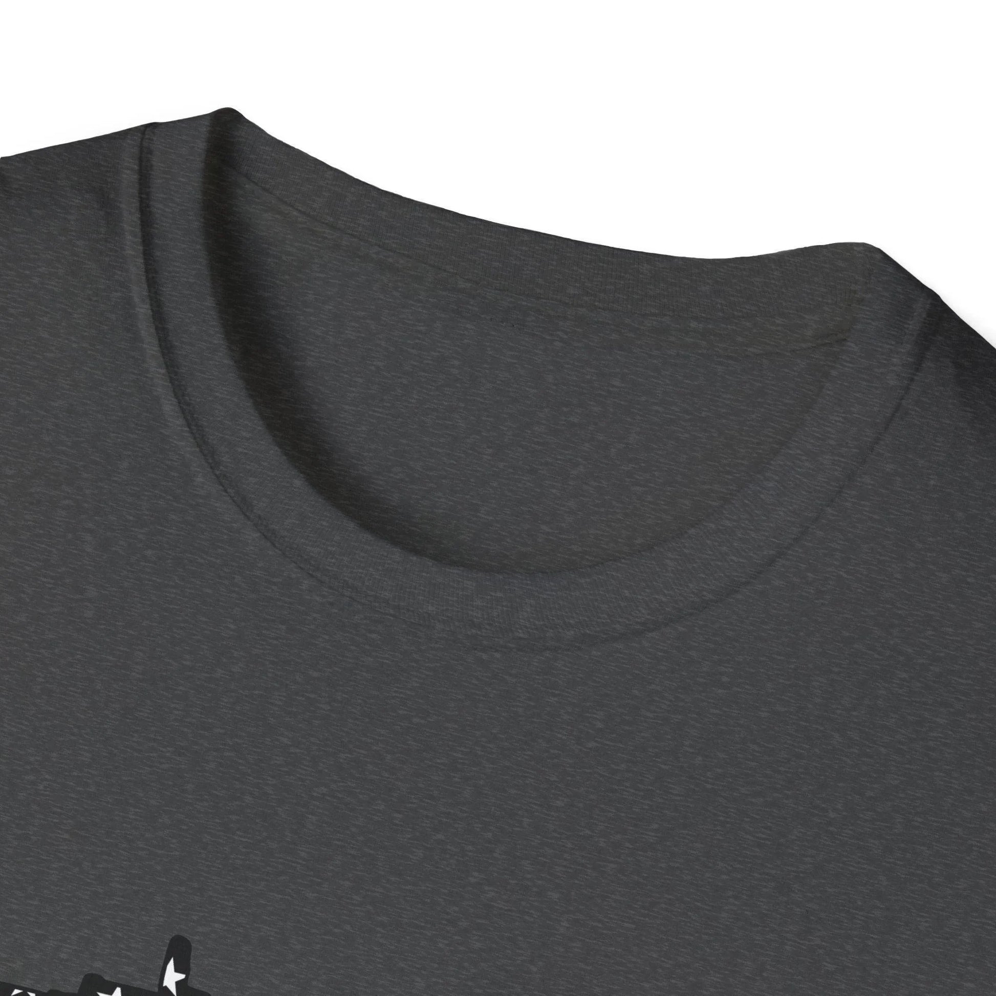 Close-up of the black-and-white American flag eagle graphic on the chest of the unisex softstyle T-shirt, highlighting