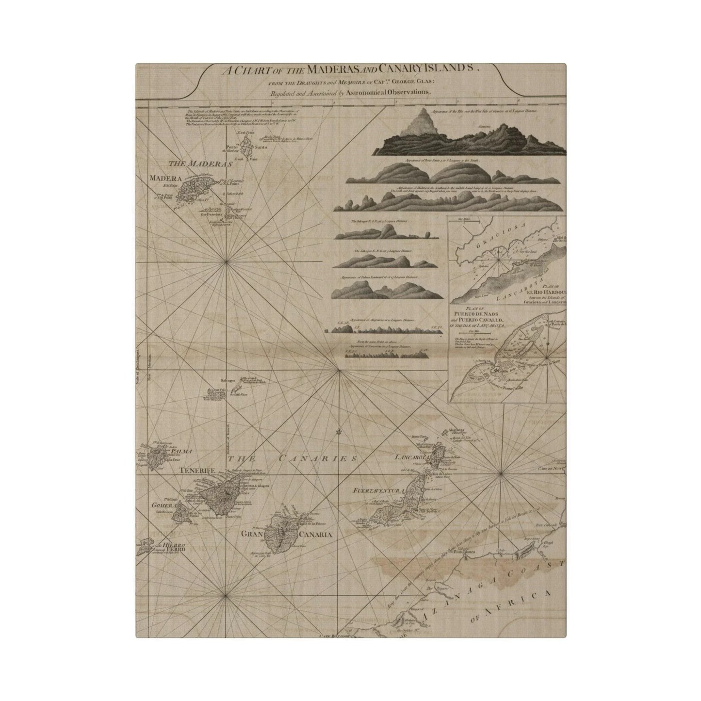 Close-up of detailed map labels highlighting the Canary Islands and Maderas on textured canvas surface from an overhead