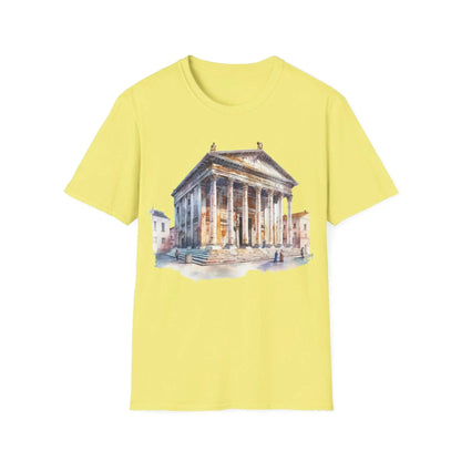 Close-up of the unisex softstyle T-shirt's relaxed fit, showcasing smooth fabric texture in sleek charcoal gray from a