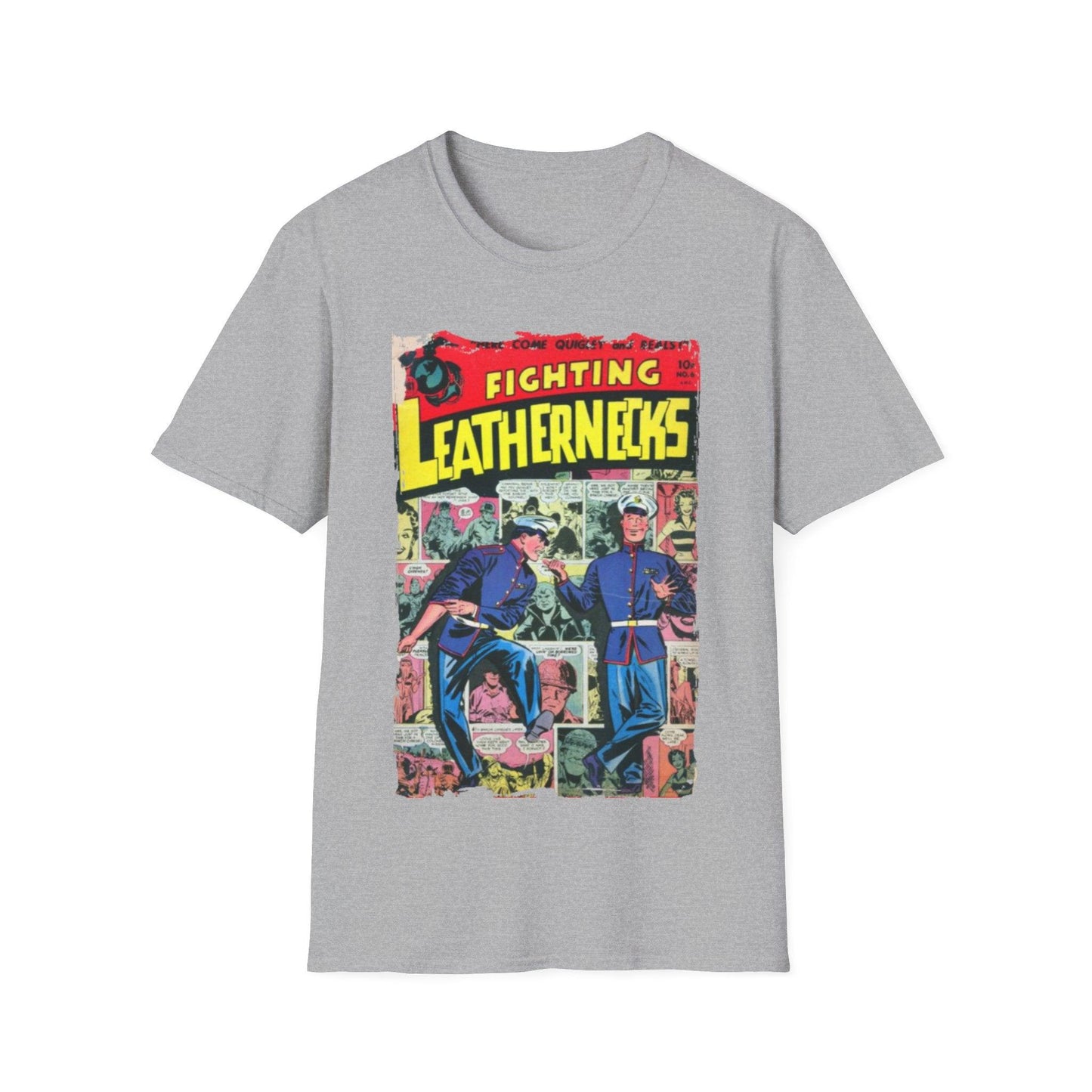 Close-up of the unisex softstyle T-shirt’s relaxed fit and heather navy color fabric displaying subtle texture and stitching