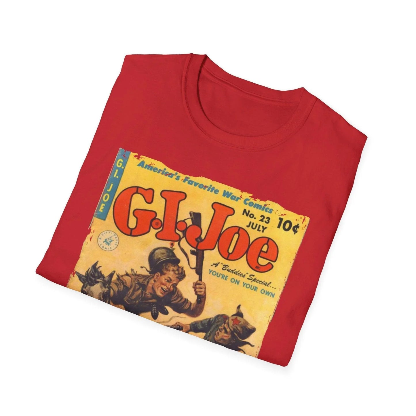 Close-up of the G.I. Joe No.23 unisex softstyle T-shirt's collar showing the double-stitched neckline and subtle fabric