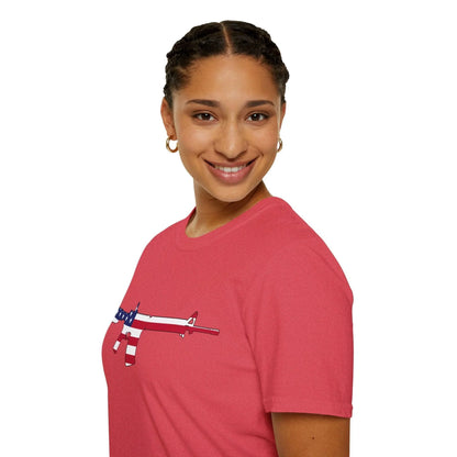 Close-up of the AR American Flag Color T-shirt's stitched collar detail showing relaxed fit and soft cotton fabric texture