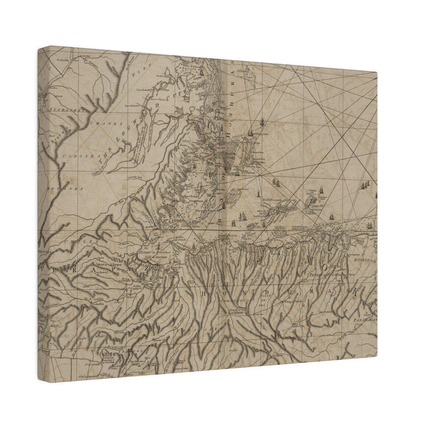 Close-up of vibrant blue and green hues highlighting the textured canvas fabric of the Bay of Honduras artwork.