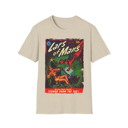 Close-up of the black heather fabric showing subtle texture and slim fit stitching detail on the unisex T-shirt neckline.