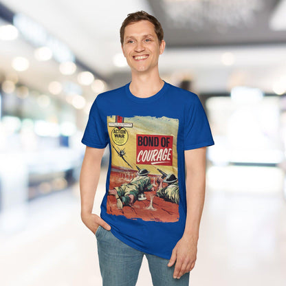 Close-up of the unisex softstyle fabric weave showcasing the smooth, relaxed fit and vibrant navy color from a front collar