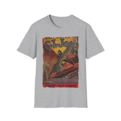 Close-up of the G.I. Joe No.46 softstyle T-shirt’s front neckline and textured cotton fabric in khaki color, highlighting