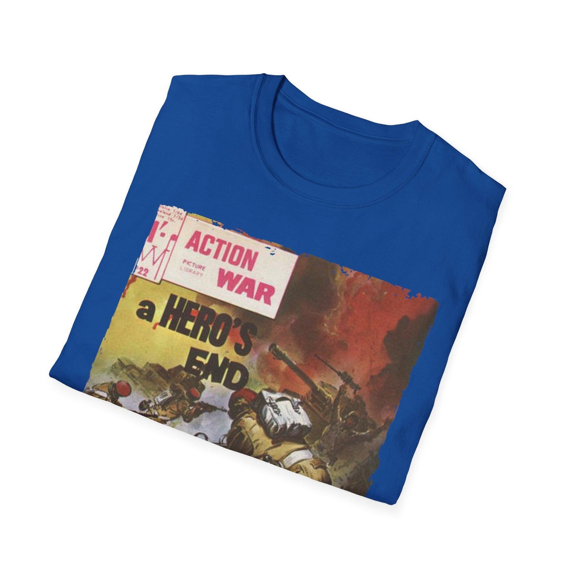 Close-up of the unisex softstyle T-shirt’s smooth fabric texture in deep navy, highlighting the relaxed fit neckline and