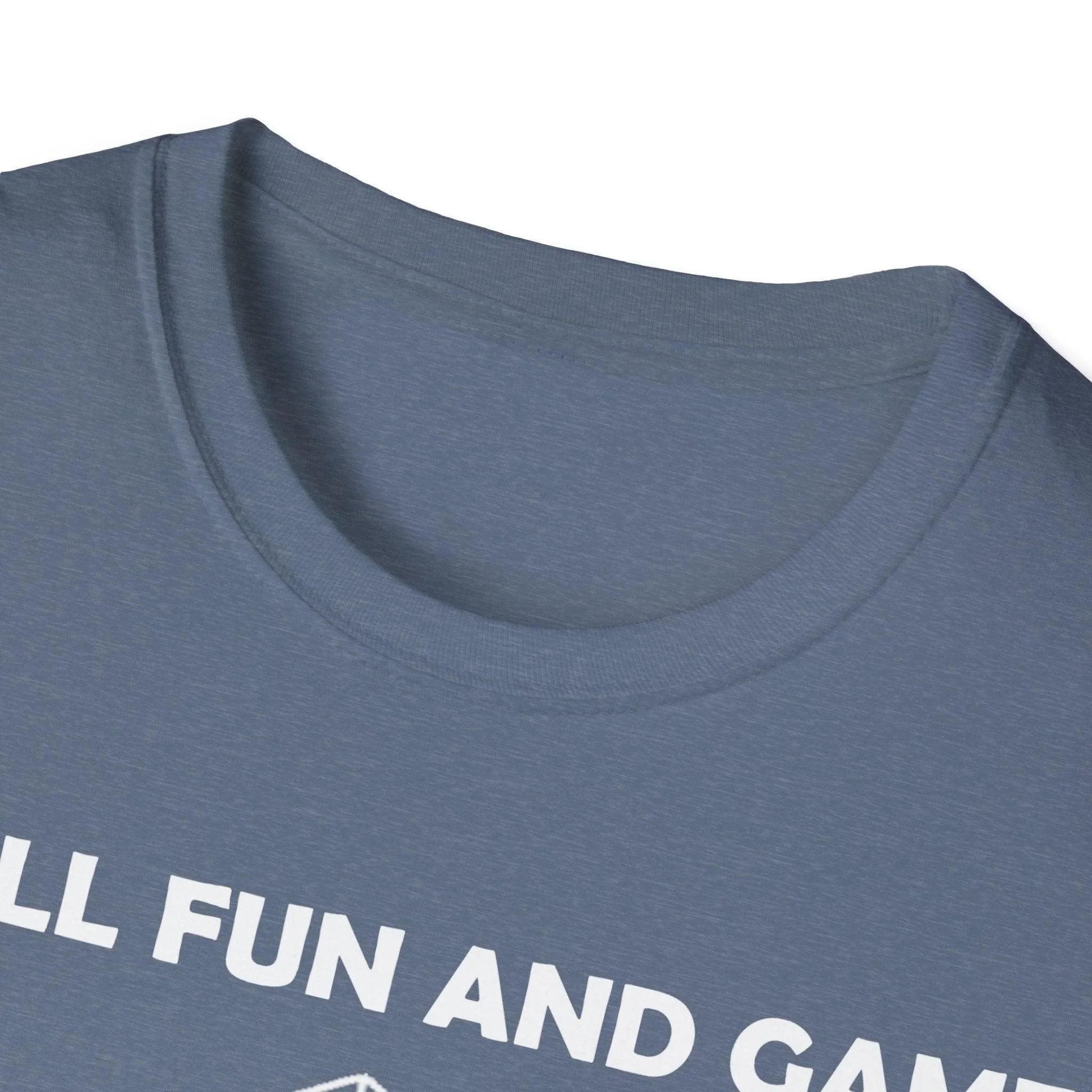 Close-up of the white crew neckline and reinforced stitching on the All Fun and Games unisex softstyle T-shirt in relaxed