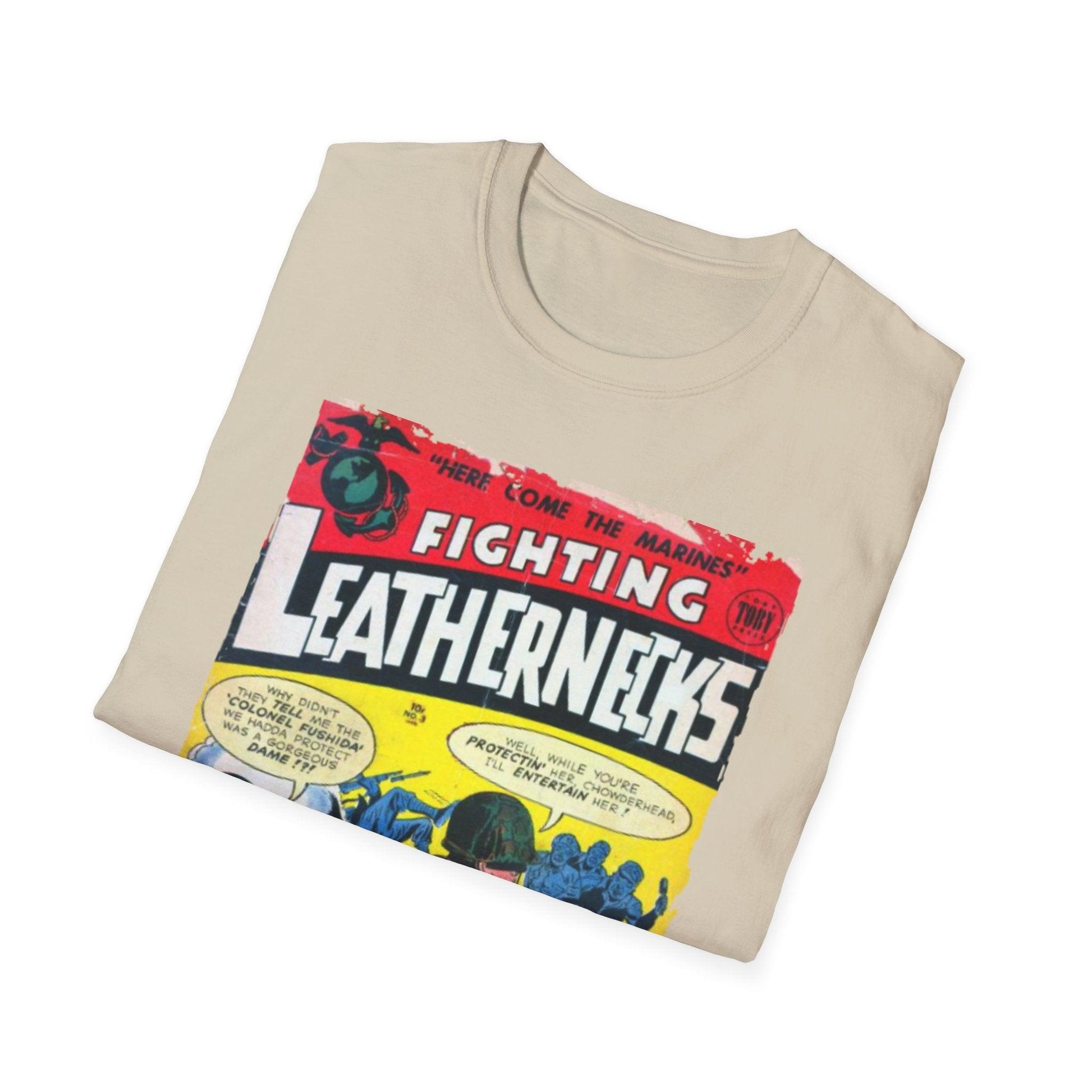 Close-up of the unisex softstyle T-shirt's neckline detail with visible stitching and subtle fabric texture in deep navy