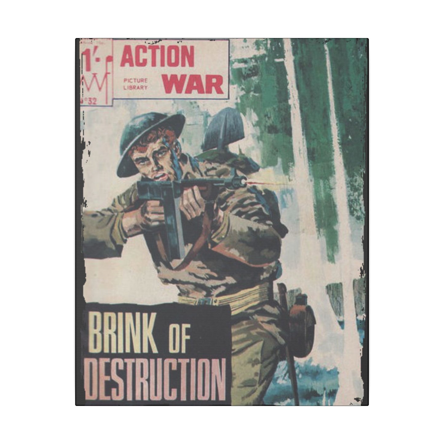 Close-up of the vibrant comic book cover featuring detailed action artwork and bold red and blue lettering on canvas print.
