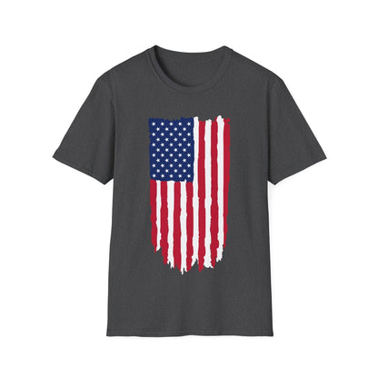 Close-up of distressed American flag print on front chest with vibrant colors and textured vintage look of the unisex