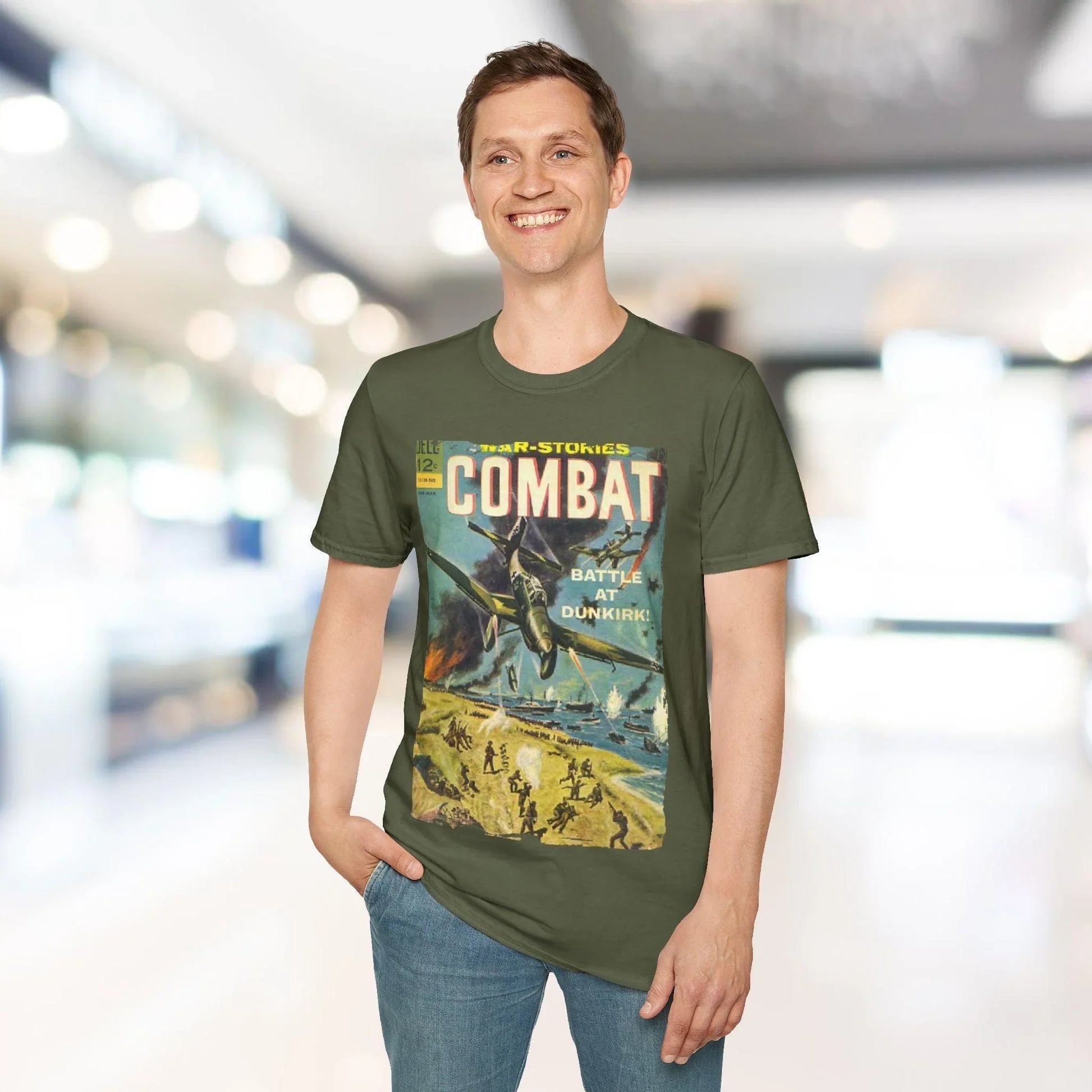 Detail of soft royal blue fabric with subtle heather texture and reinforced double-stitched neckline from a front-angle view