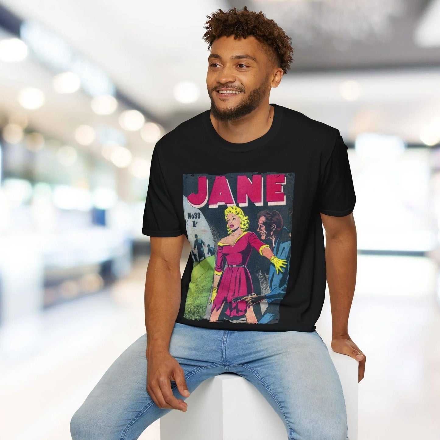 Close-up of Jane No.33 unisex softstyle T-shirt's lightweight cotton fabric, showing subtle texture and relaxed fit neckline