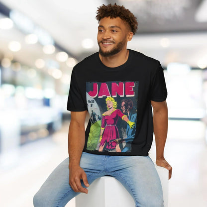 Close-up of Jane No.33 unisex softstyle T-shirt's lightweight cotton fabric, showing subtle texture and relaxed fit neckline