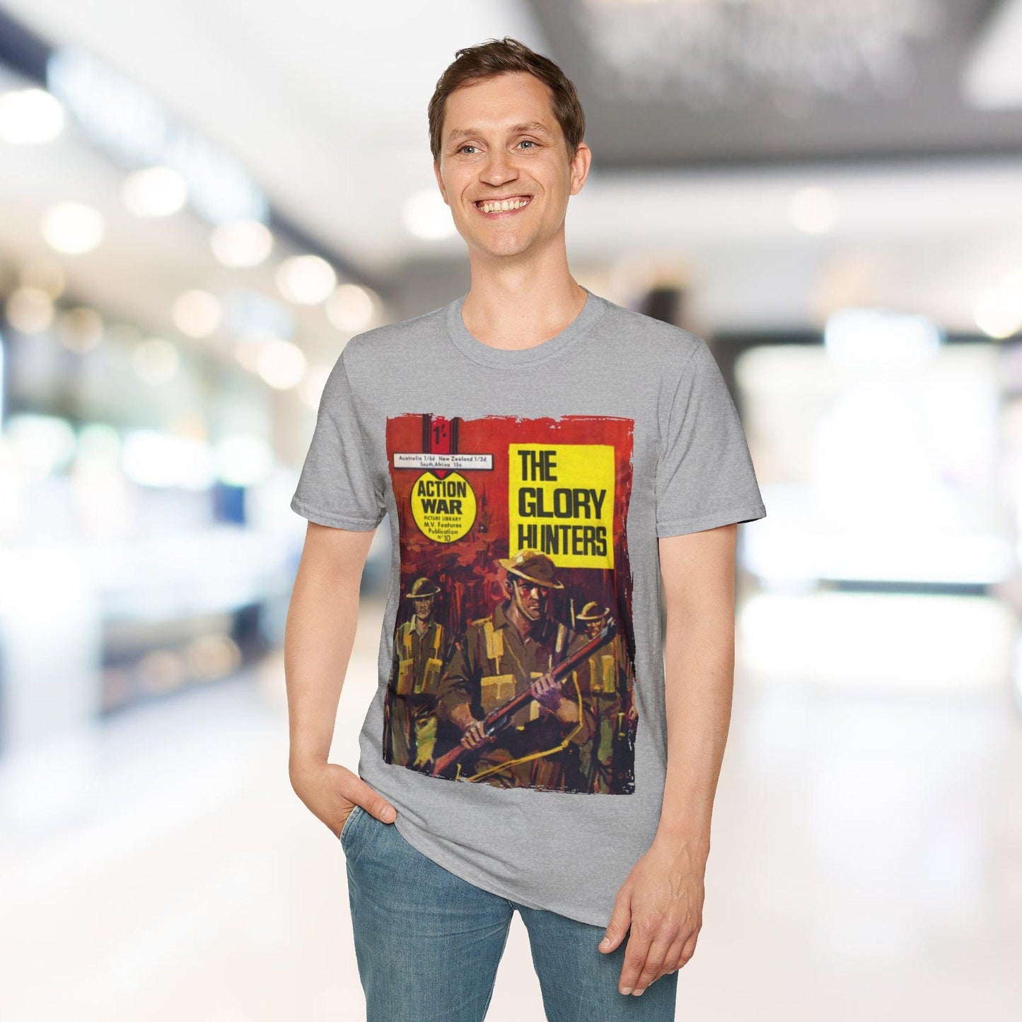 Close-up of the unisex softstyle fabric displaying smooth matte finish and subtle texture along the relaxed neckline and