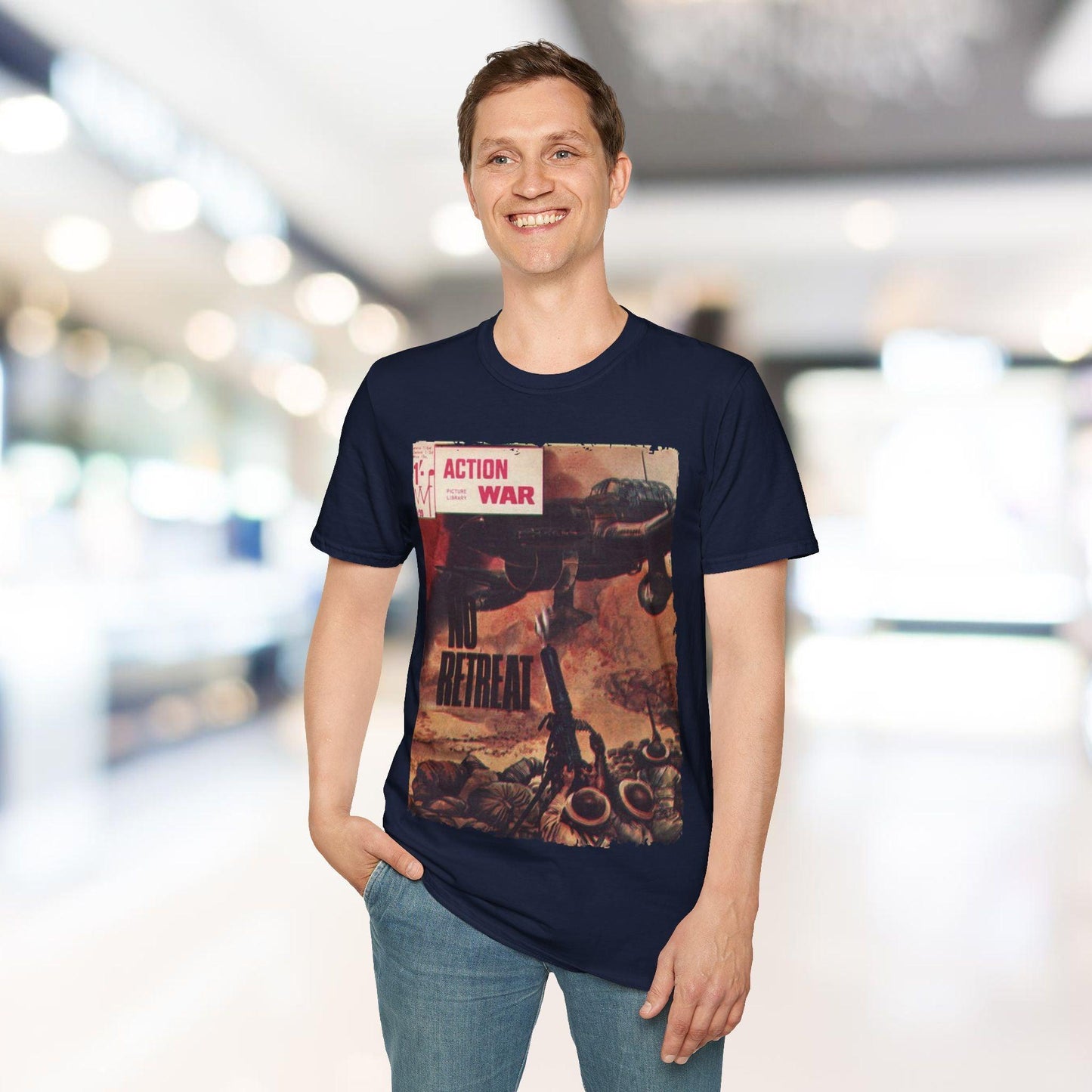 Close-up of the unisex softstyle T-shirt's smooth fabric texture and relaxed fit highlighted from a front diagonal angle.