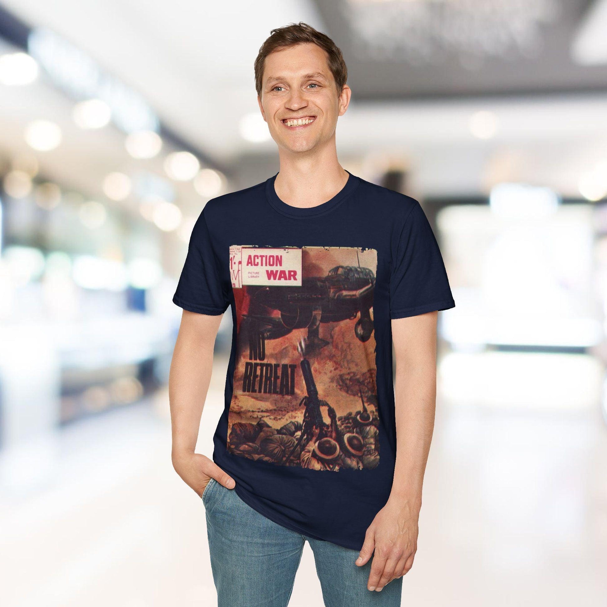 Close-up of the unisex softstyle T-shirt's smooth fabric texture and relaxed fit highlighted from a front diagonal angle.