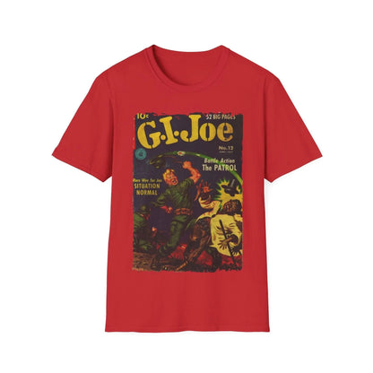 Close-up of the unisex crew neckline and soft fabric texture of the dark charcoal G.I. Joe No.12 T-shirt with subtle