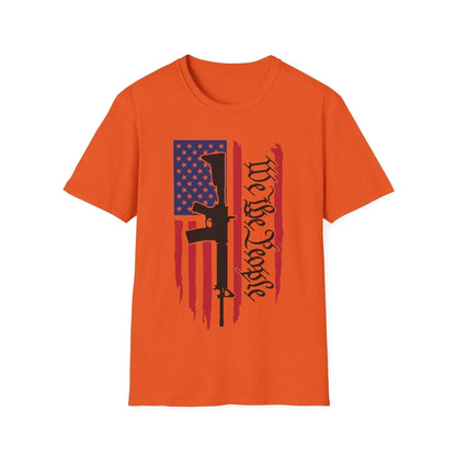 Close-up of the distressed American flag graphic on the soft, relaxed-fit unisex T-shirt showcasing vibrant colors and