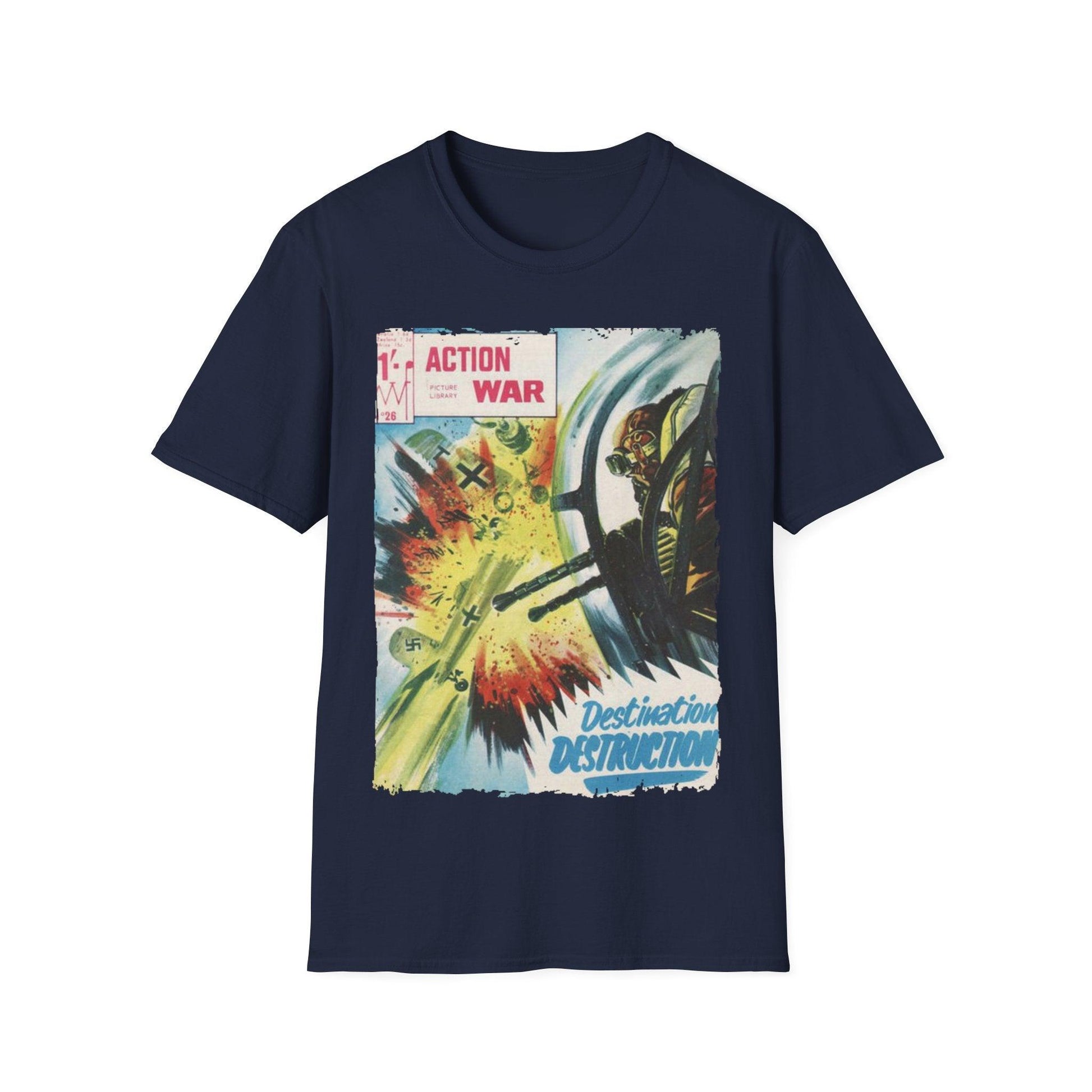 Close-up of the unisex softstyle T-shirt's relaxed fit and vibrant deep navy color showing subtle fabric texture and