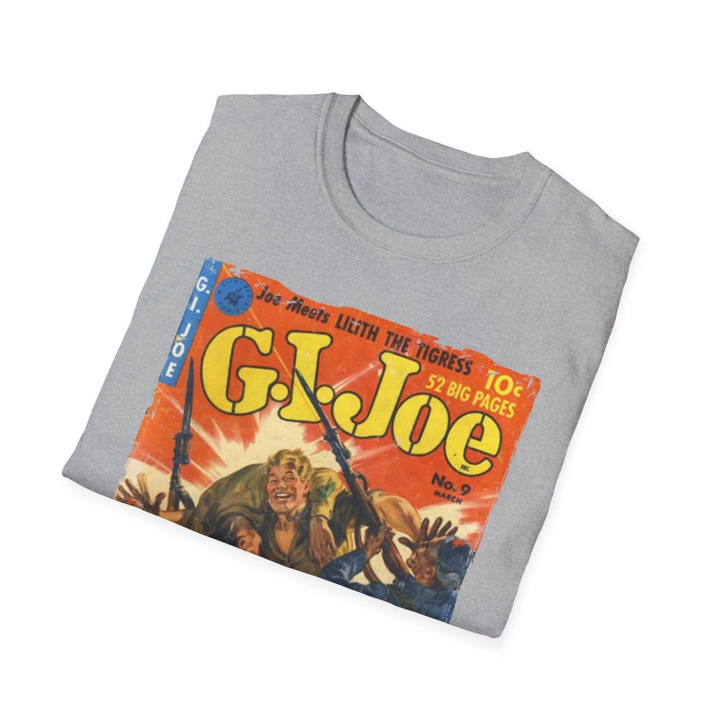 Close-up of the G.I. Joe No.9 unisex softstyle T-shirt label sewn onto the heather gray fabric, highlighting the smooth