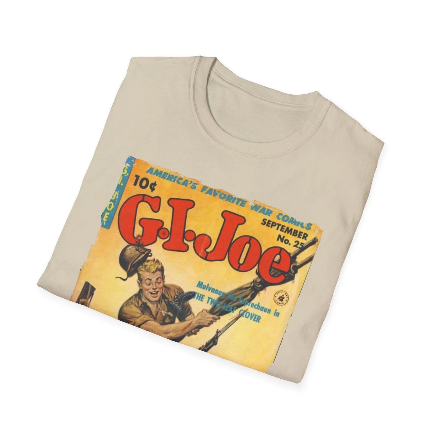 Close-up of the G.I. Joe No.25 unisex softstyle T-shirt's vibrant red fabric and subtle stitching along the crew neckline