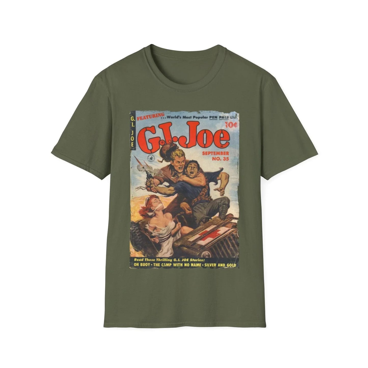 Close-up of the G.I. Joe No.35 softstyle T-shirt neckline highlighting the smooth ribbed collar and vibrant navy color from