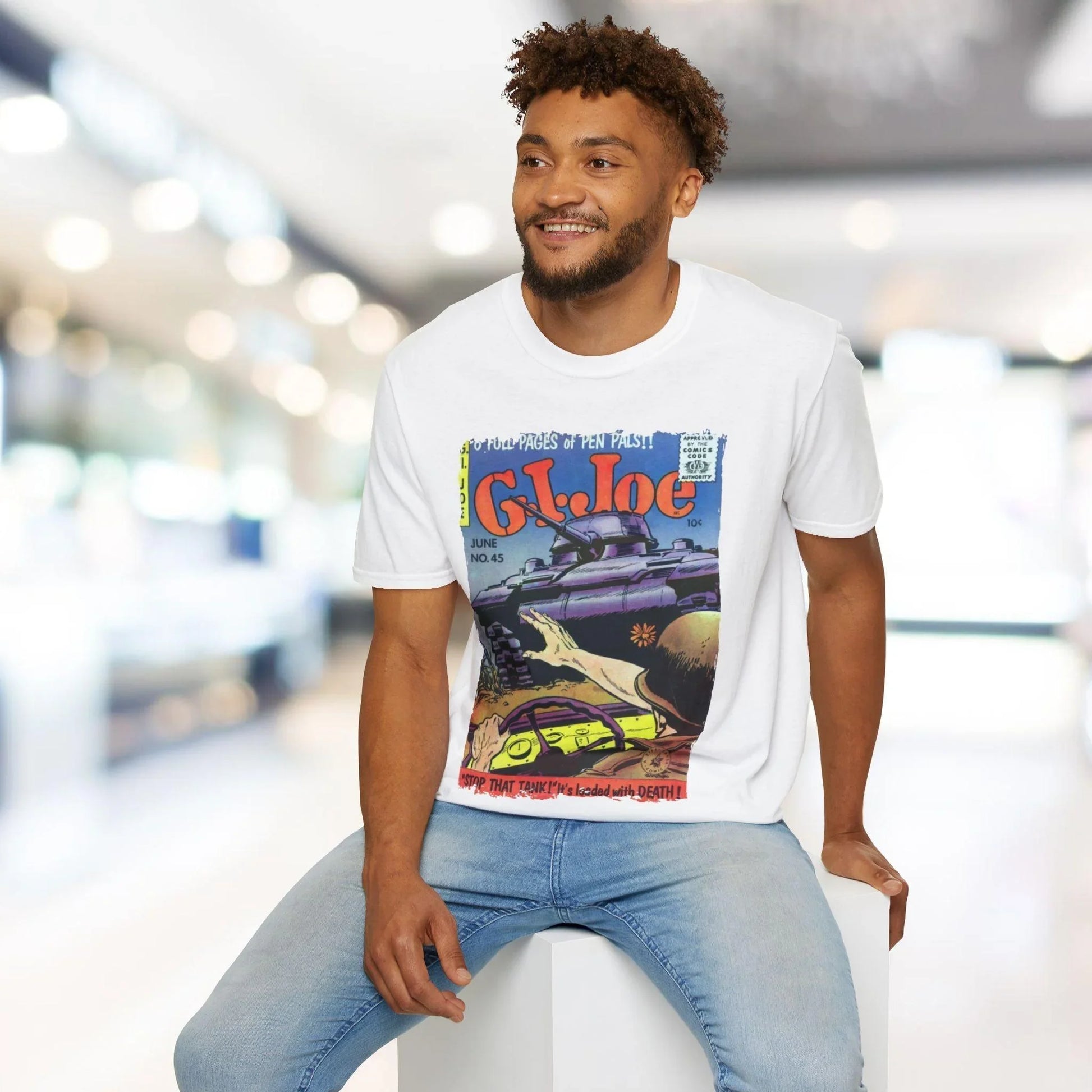 Close-up of the G.I. Joe No.45 unisex softstyle T-shirt's navy blue fabric showing subtle heather texture and durable