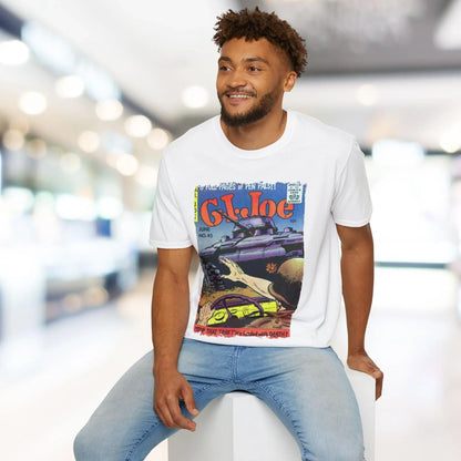 Close-up of the G.I. Joe No.45 unisex softstyle T-shirt's navy blue fabric showing subtle heather texture and durable