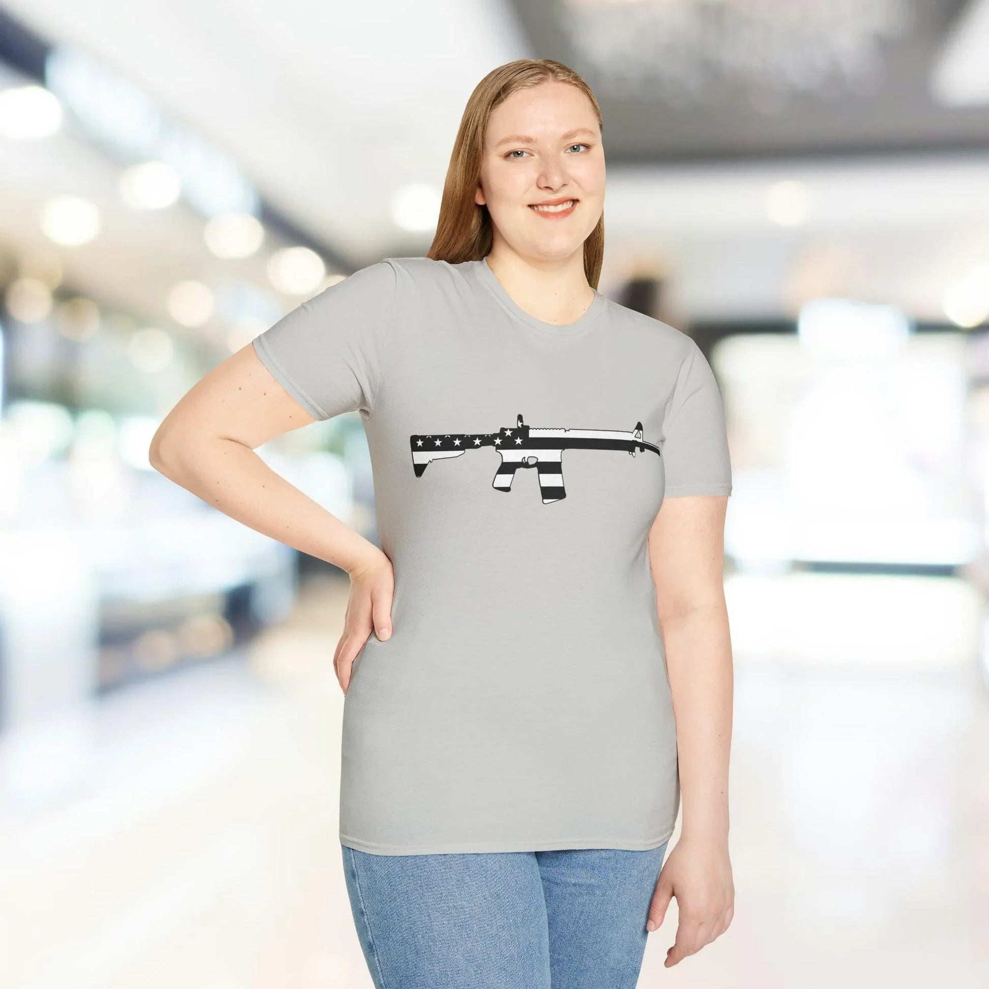 Close-up of the black-and-white American flag eagle graphic on the chest, highlighting detailed line work on the soft