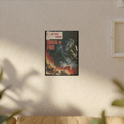 Close-up of the textured canvas surface highlighting the detailed brushstrokes and vintage-inspired color palette of Action