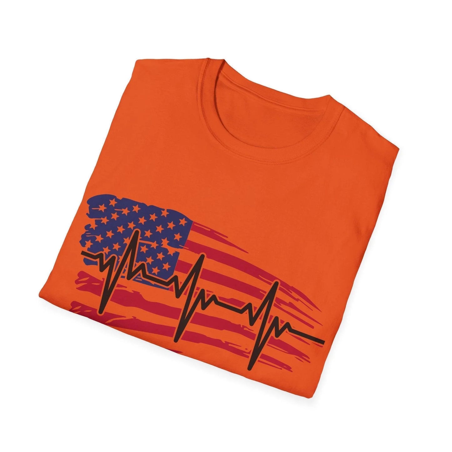 Close-up of the distressed flag heartbeat design on the chest with visible cracked detailing and vibrant red, white, and