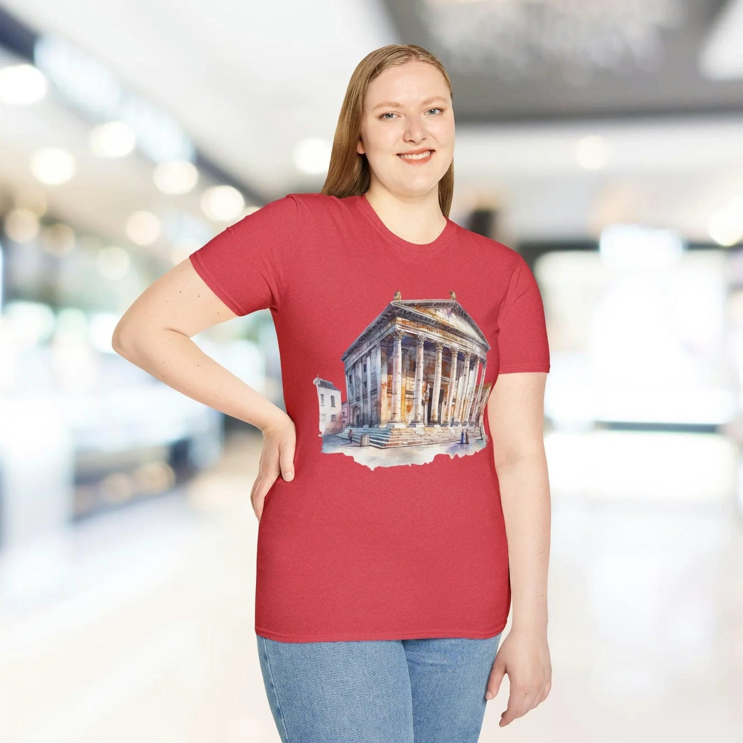 Close-up of the unisex softstyle T-shirt's neckline and shoulder seam showcasing smooth stitching and relaxed fit in olive