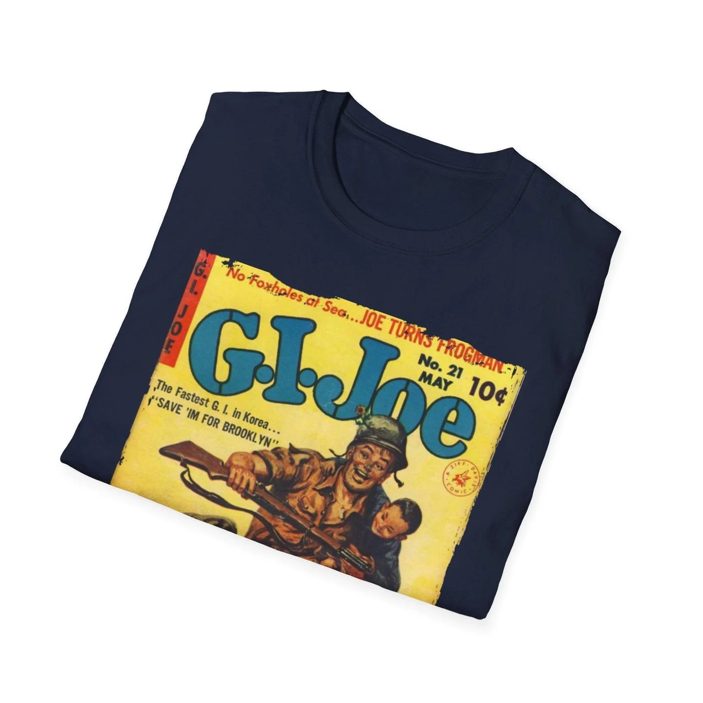 Close-up of the G.I. Joe No.21 unisex softstyle T-shirt’s front neckline showing the stitching and fabric texture in vibrant