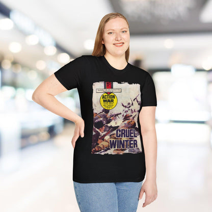 Close-up of the unisex softstyle fabric tag showing "Action War #8" design details on charcoal gray, highlighting the smooth