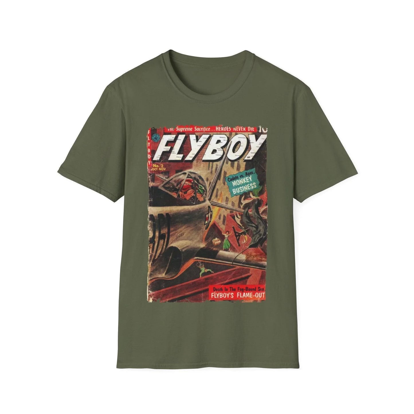 Close-up of the Flyboy No.2 T-Shirt’s soft crew neckline with visible stitching and fabric texture in heather navy color