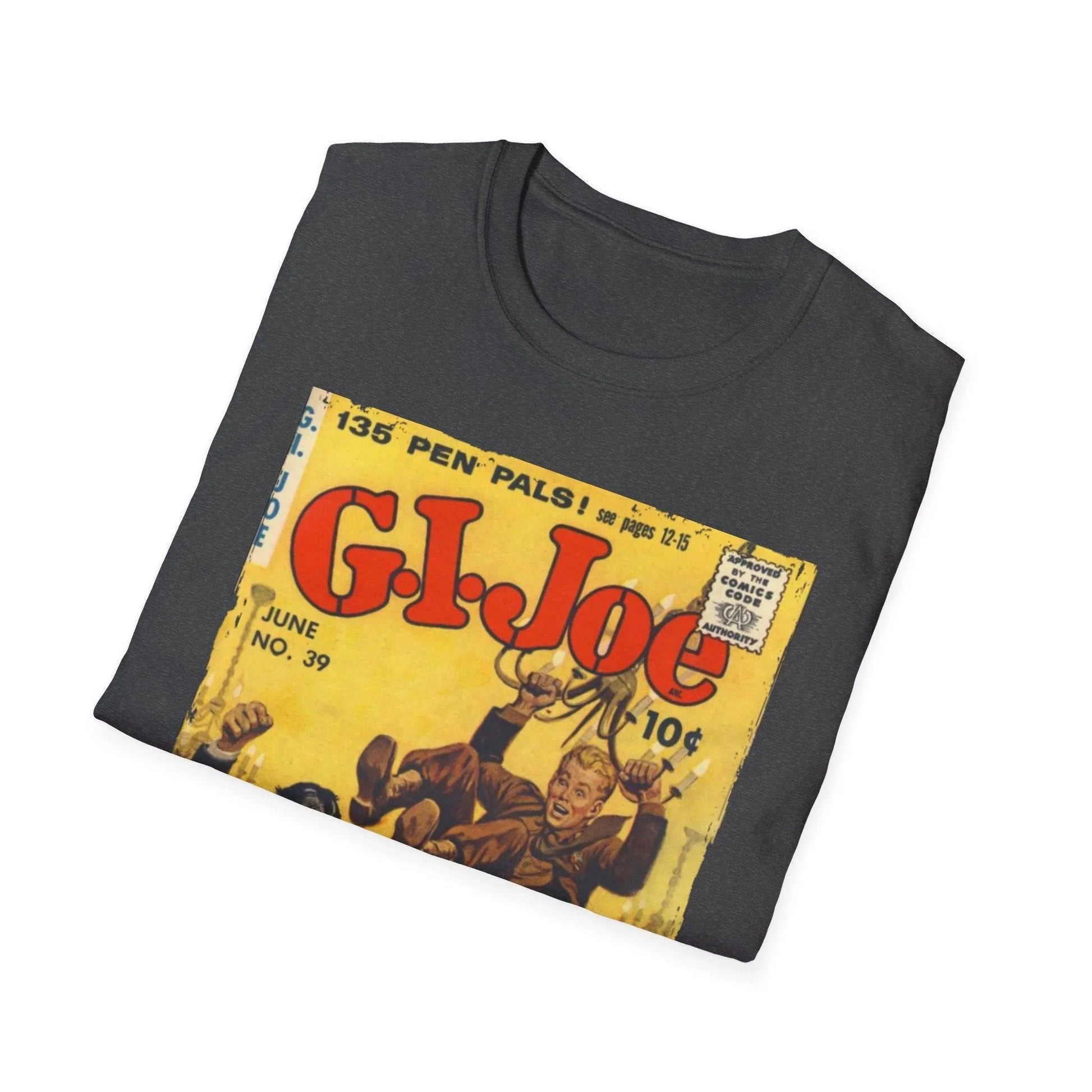 Close-up of the G.I. Joe No.39 softstyle T-shirt fabric showing its smooth, relaxed fit in vibrant red with visible