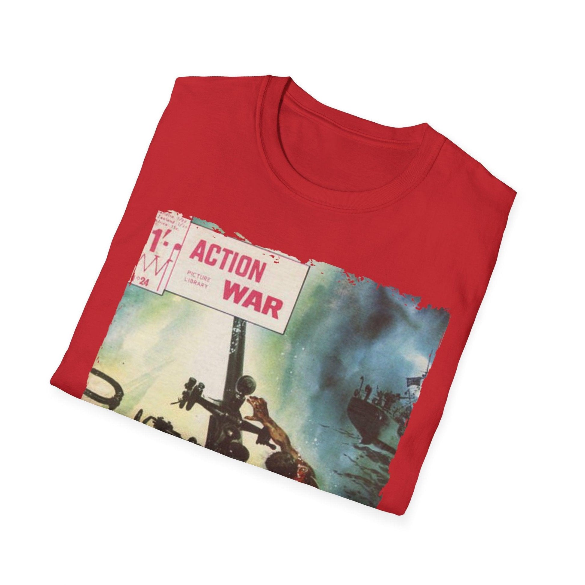 Close-up of the unisex softstyle T-shirt's smooth cotton fabric, showcasing relaxed fit and vibrant navy color from a front