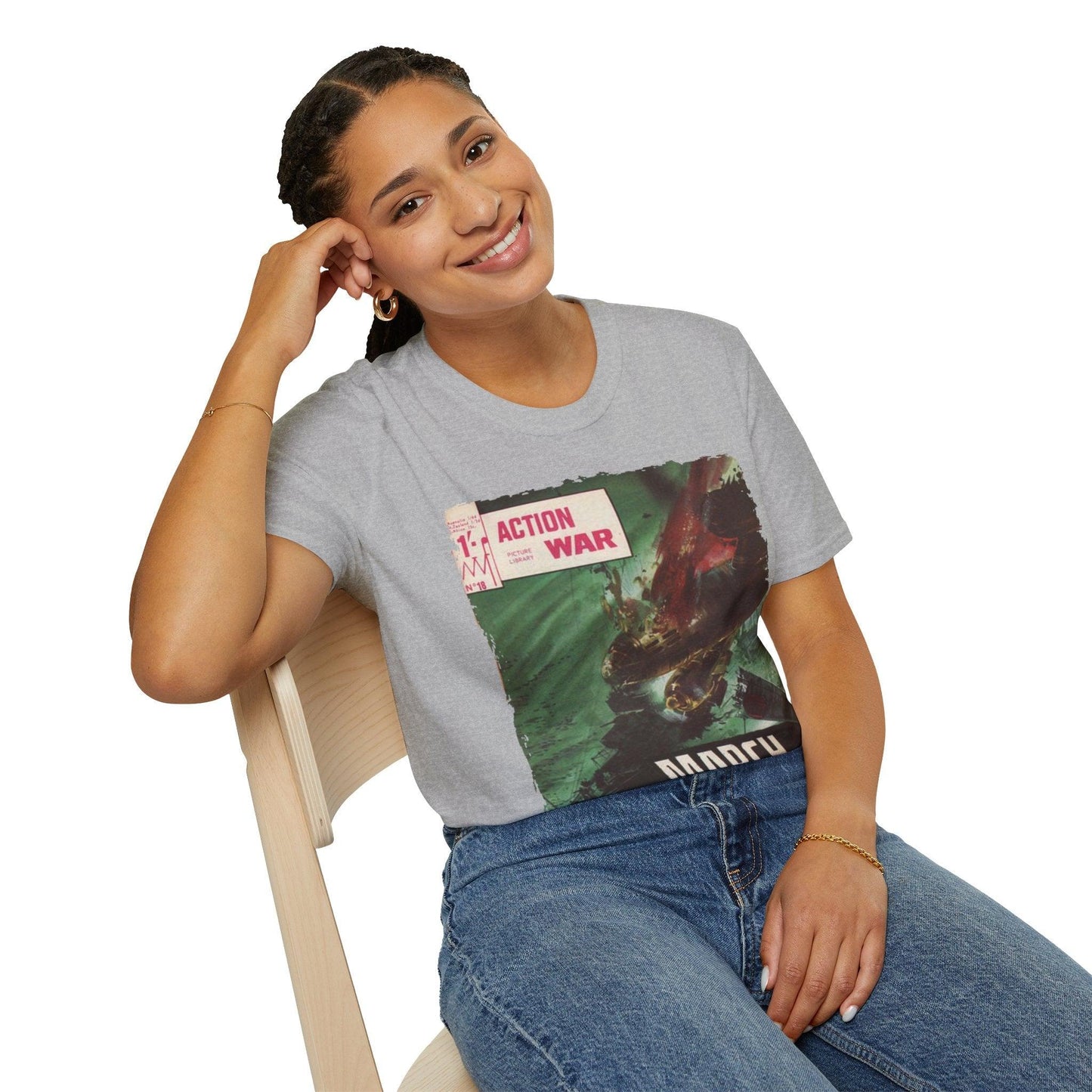 Close-up of the unisex softstyle T-shirt's relaxed fit neckline in vibrant red cotton fabric, highlighting smooth stitching