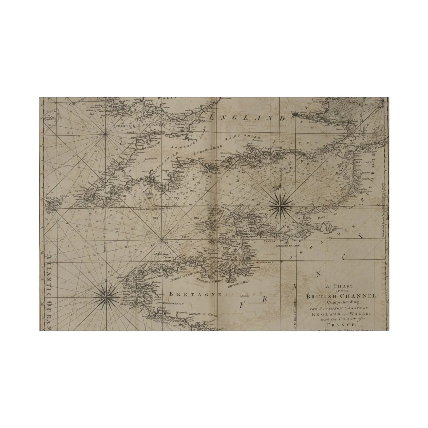 Close-up of the Chart of the British Channel's detailed coastal watercolor with subtle blue and green tones, framed on