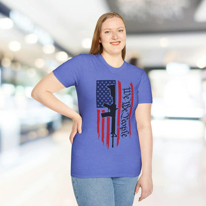 Close-up of distressed vertical American flag design on soft cotton fabric, highlighting faded colors and raw edge details.