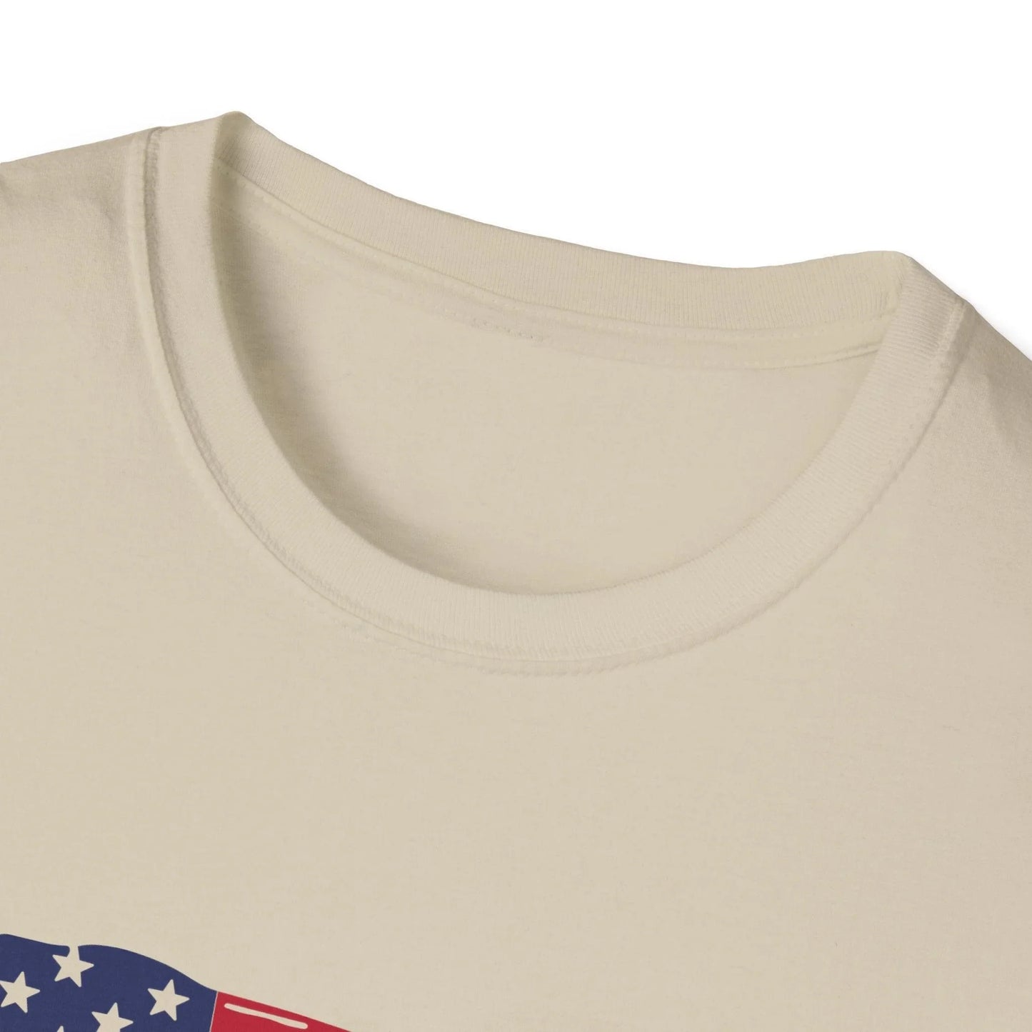 Close-up of the distressed American flag heartbeat print on the front of the relaxed-fit, soft cotton T-shirt showcasing
