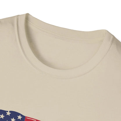 Close-up of the distressed American flag heartbeat print on the front of the relaxed-fit, soft cotton T-shirt showcasing