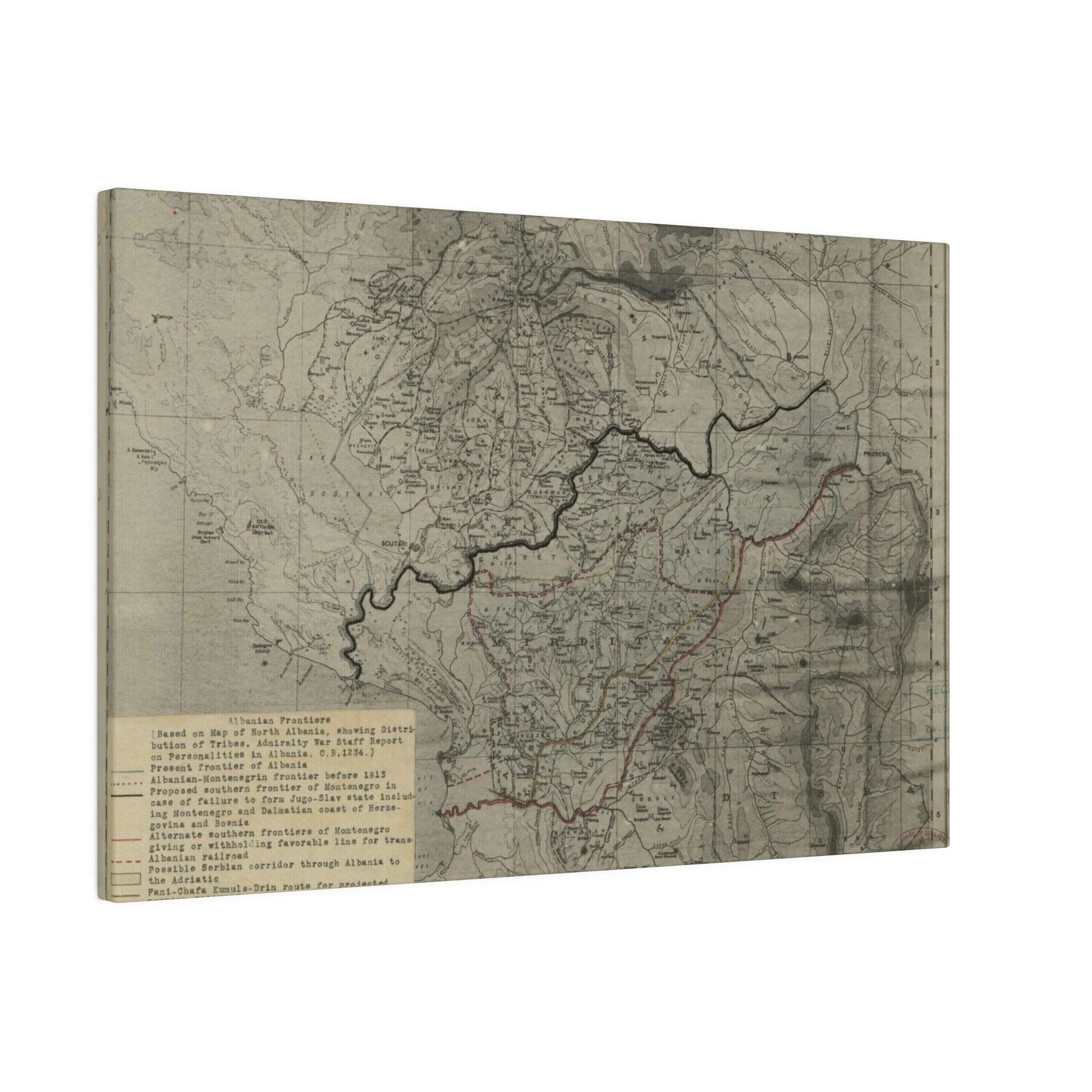 Close-up of the textured canvas surface highlighting aged appearance and subtle brushstroke details of the 1916 Albanian