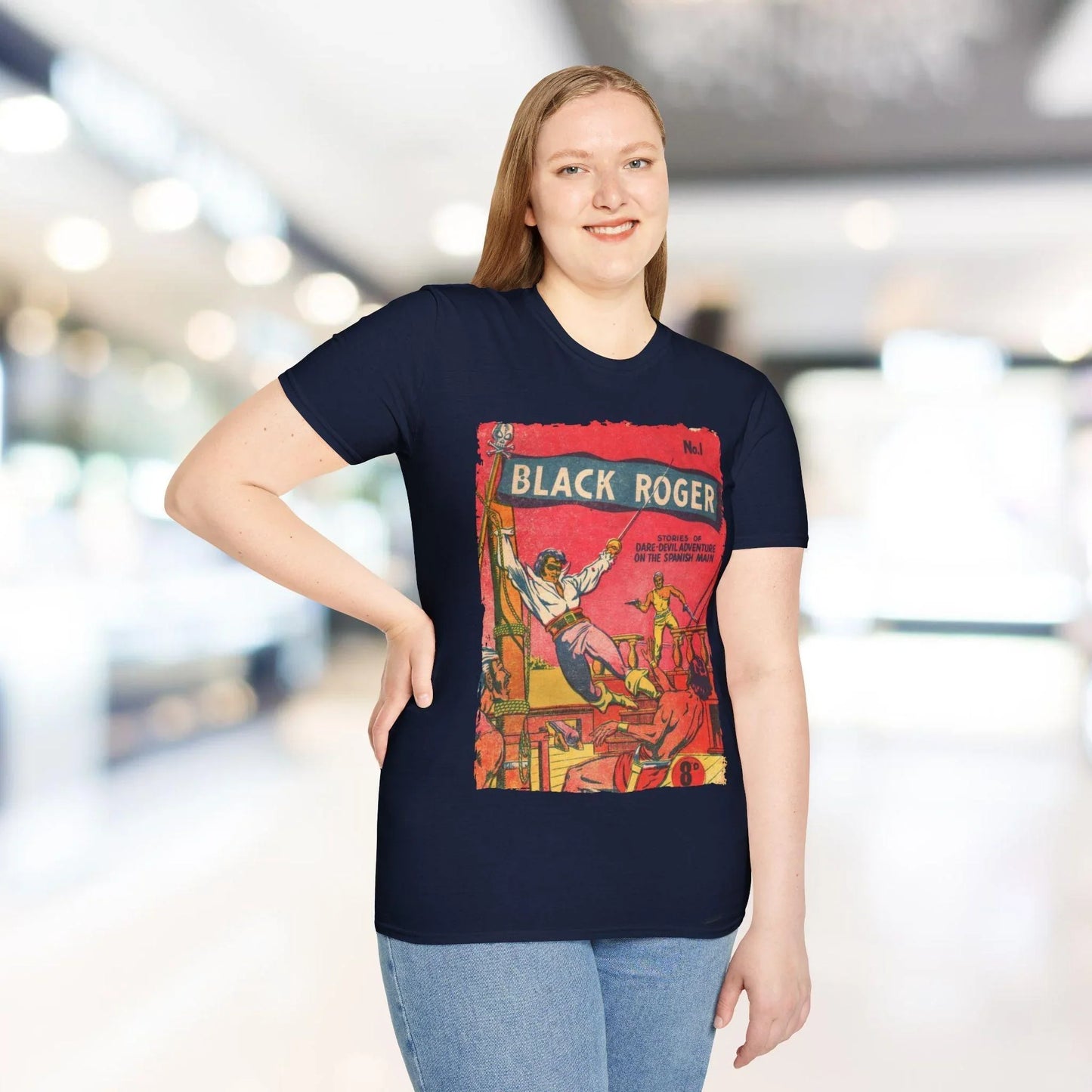 Close-up of the Black Roger No.1 1952 unisex softstyle T-shirt collar showing reinforced neckline and smooth fabric texture