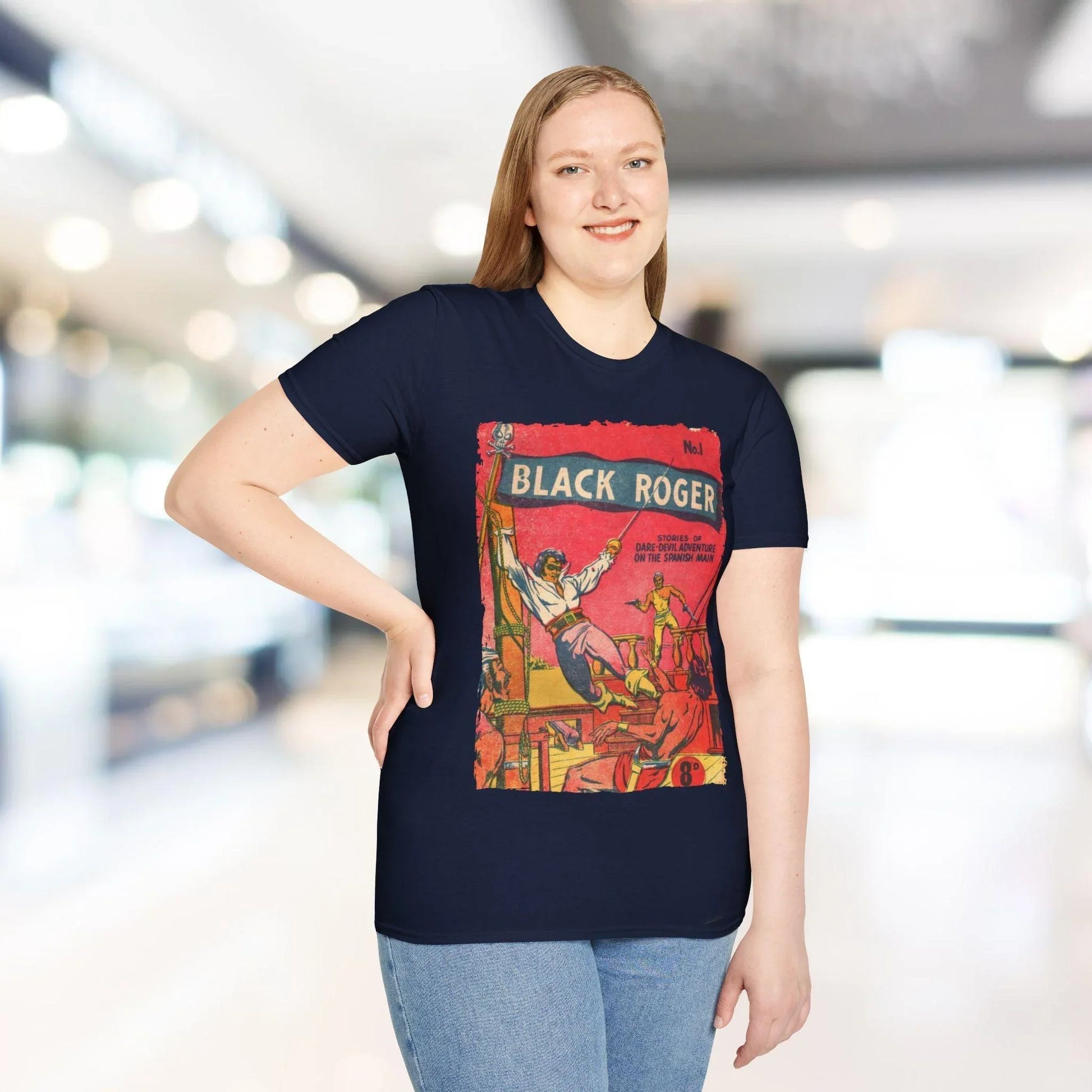 Close-up of the Black Roger No.1 1952 unisex softstyle T-shirt collar showing reinforced neckline and smooth fabric texture